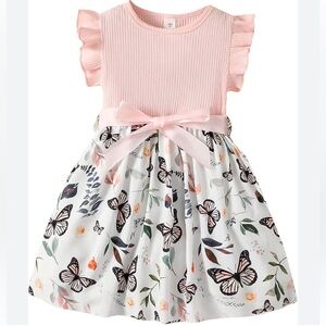 Girls Fly Sleeve Ribbed Butterfly dress